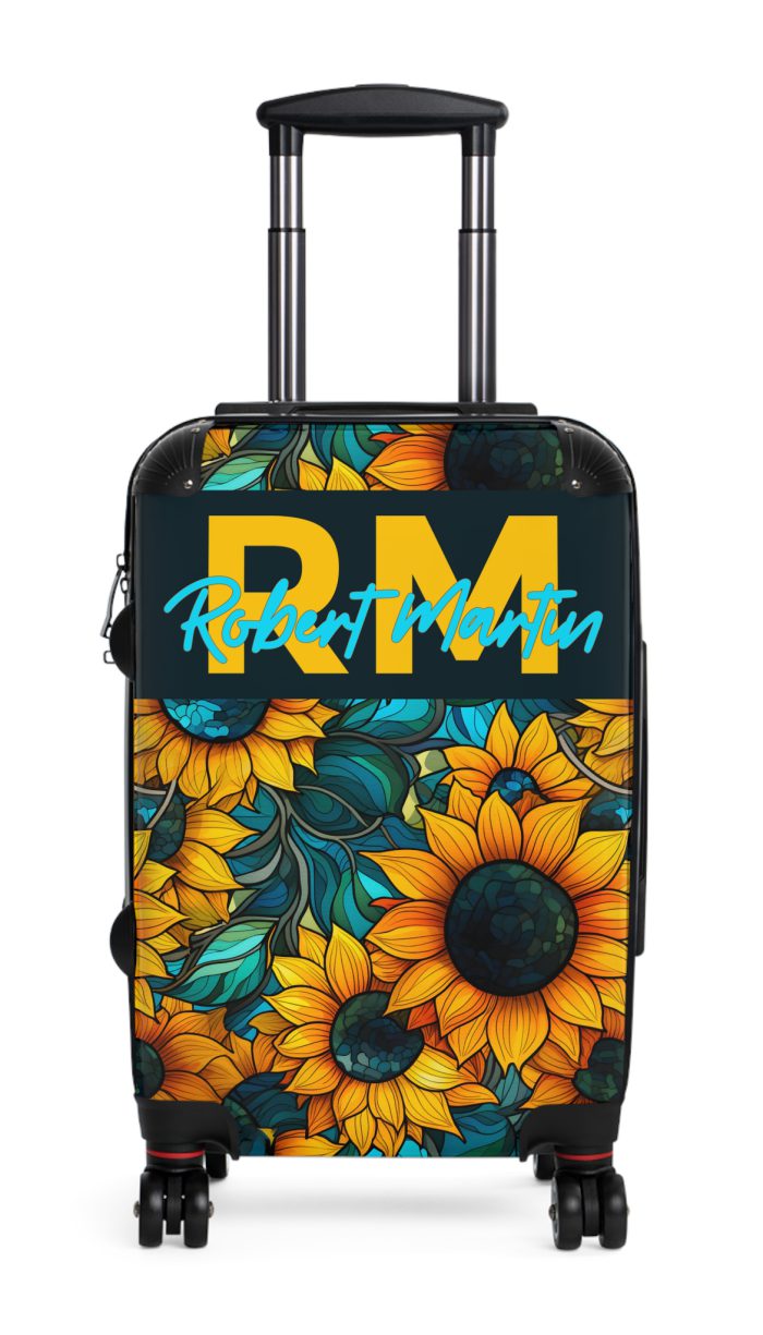 Custom Sunflower Suitcase - A personalized luggage adorned with a bright sunflower design, perfect for travelers who want to add a touch of cheer to their journeys.