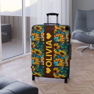 Custom Sunflower Suitcase - A personalized luggage adorned with a bright sunflower design, perfect for travelers who want to add a touch of cheer to their journeys.