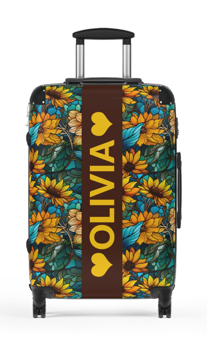 Custom Sunflower Suitcase - A personalized luggage adorned with a bright sunflower design, perfect for travelers who want to add a touch of cheer to their journeys.