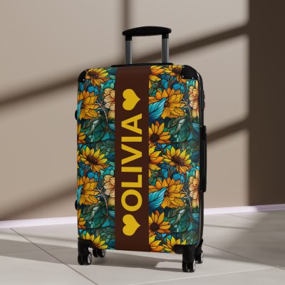 Custom Sunflower Suitcase - A personalized luggage adorned with a bright sunflower design, perfect for travelers who want to add a touch of cheer to their journeys.