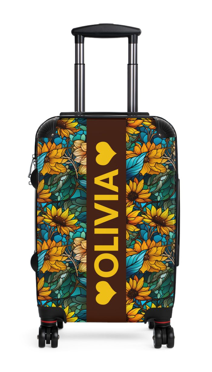 Custom Sunflower Suitcase - A personalized luggage adorned with a bright sunflower design, perfect for travelers who want to add a touch of cheer to their journeys.