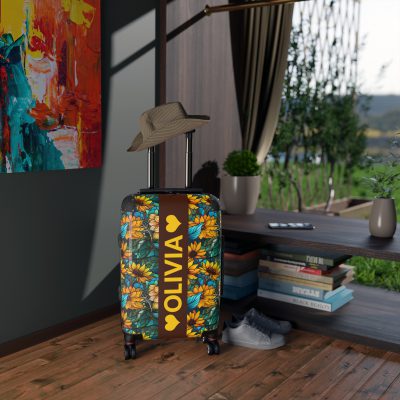 Custom Sunflower Suitcase - A personalized luggage adorned with a bright sunflower design, perfect for travelers who want to add a touch of cheer to their journeys.