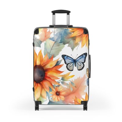 Butterfly Sunflower Suitcase - A luggage adorned with a bright sunflower and butterfly design, perfect for travelers who want to bring a touch of nature and cheer to their journeys.