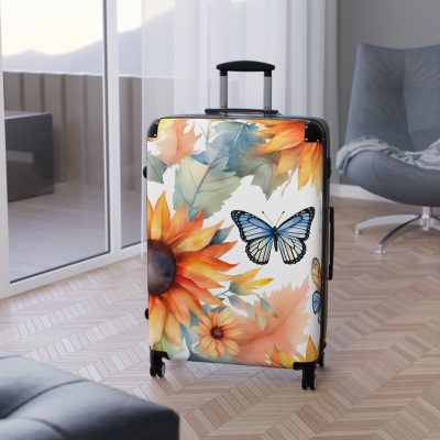 Butterfly Sunflower Suitcase - A luggage adorned with a bright sunflower and butterfly design, perfect for travelers who want to bring a touch of nature and cheer to their journeys.