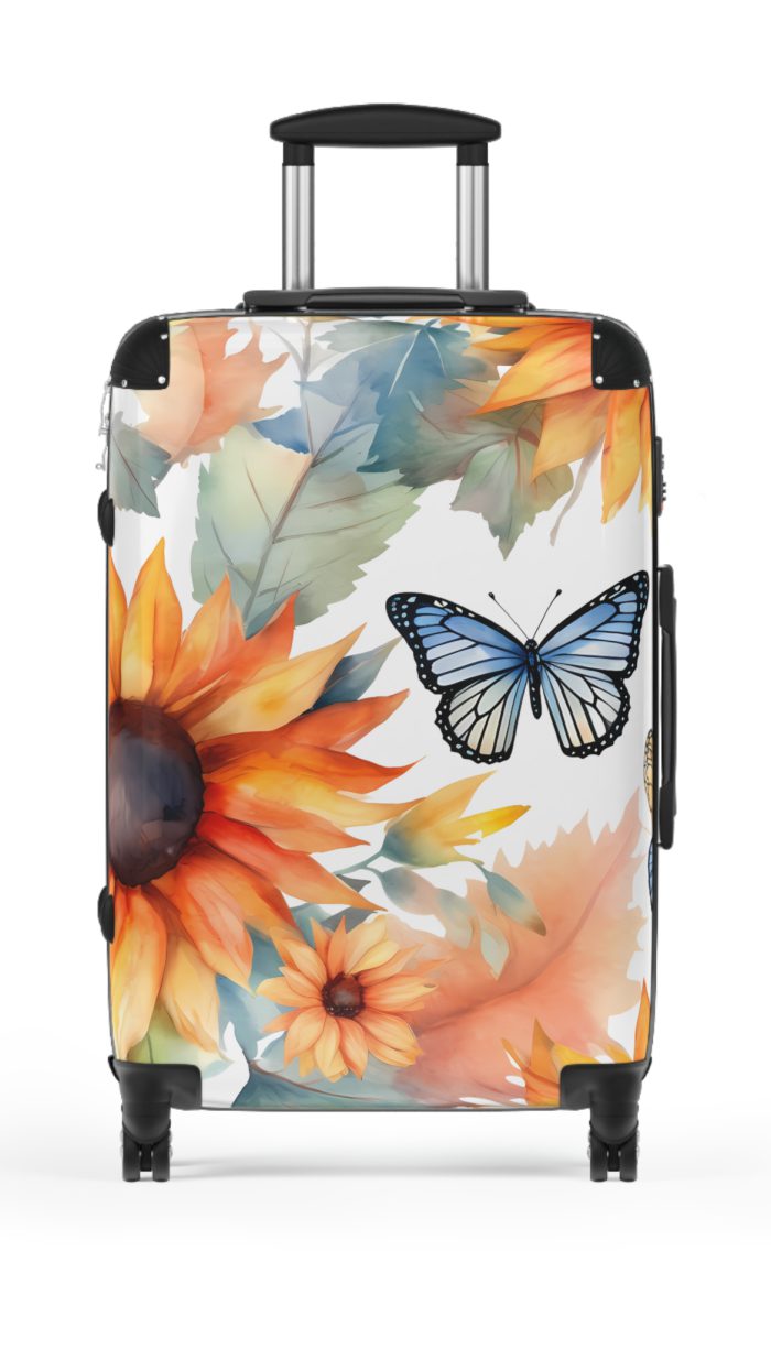 Butterfly Sunflower Suitcase - A luggage adorned with a bright sunflower and butterfly design, perfect for travelers who want to bring a touch of nature and cheer to their journeys.