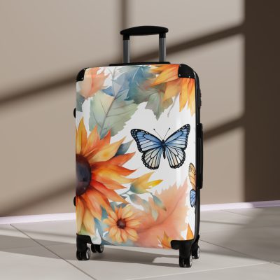 Butterfly Sunflower Suitcase - A luggage adorned with a bright sunflower and butterfly design, perfect for travelers who want to bring a touch of nature and cheer to their journeys.