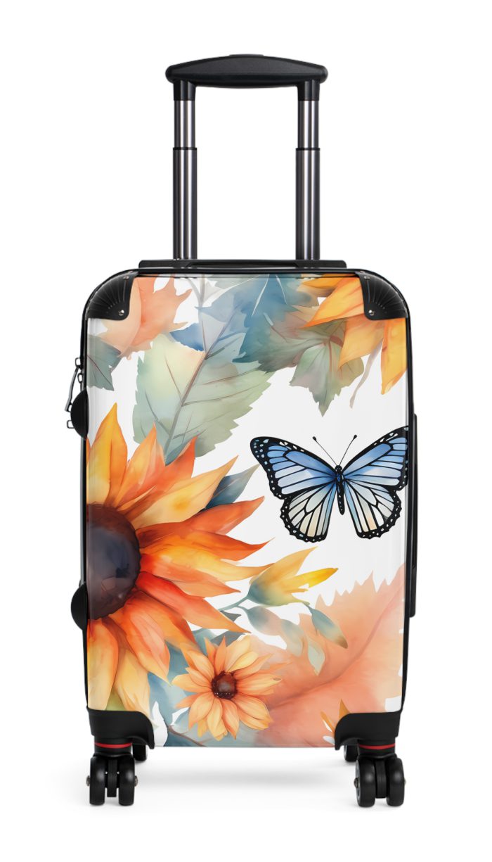 Butterfly Sunflower Suitcase - A luggage adorned with a bright sunflower and butterfly design, perfect for travelers who want to bring a touch of nature and cheer to their journeys.