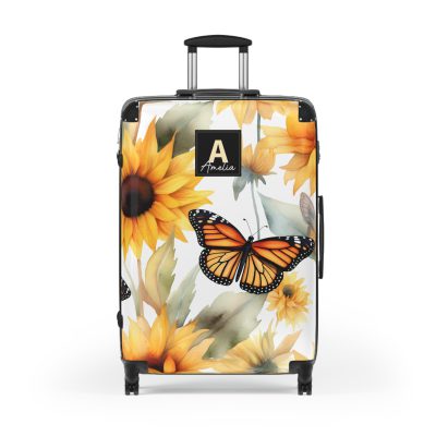 Custom Butterfly Sunflower Suitcase - A personalized luggage adorned with a unique butterfly and sunflower design, perfect for travelers who want to add a touch of nature and vibrancy to their journeys.