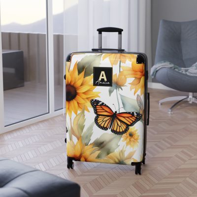 Custom Butterfly Sunflower Suitcase - A personalized luggage adorned with a unique butterfly and sunflower design, perfect for travelers who want to add a touch of nature and vibrancy to their journeys.