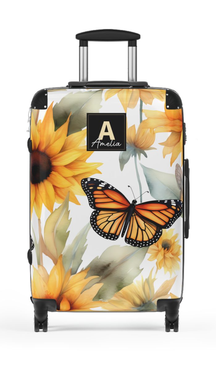 Custom Butterfly Sunflower Suitcase - A personalized luggage adorned with a unique butterfly and sunflower design, perfect for travelers who want to add a touch of nature and vibrancy to their journeys.