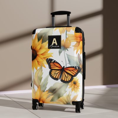 Custom Butterfly Sunflower Suitcase - A personalized luggage adorned with a unique butterfly and sunflower design, perfect for travelers who want to add a touch of nature and vibrancy to their journeys.