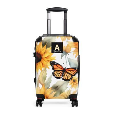 Custom Butterfly Sunflower Suitcase - A personalized luggage adorned with a unique butterfly and sunflower design, perfect for travelers who want to add a touch of nature and vibrancy to their journeys.