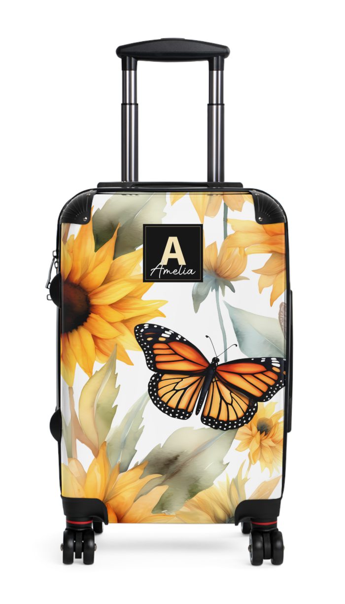 Custom Butterfly Sunflower Suitcase - A personalized luggage adorned with a unique butterfly and sunflower design, perfect for travelers who want to add a touch of nature and vibrancy to their journeys.