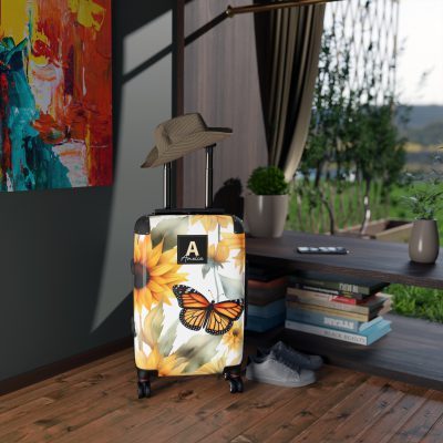 Custom Butterfly Sunflower Suitcase - A personalized luggage adorned with a unique butterfly and sunflower design, perfect for travelers who want to add a touch of nature and vibrancy to their journeys.