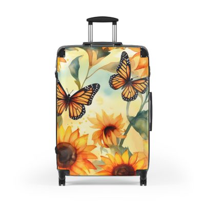 Butterfly Sunflower Suitcase - A luggage adorned with a bright sunflower and butterfly design, perfect for travelers who want to bring a touch of nature and cheer to their journeys.