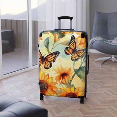 Butterfly Sunflower Suitcase - A luggage adorned with a bright sunflower and butterfly design, perfect for travelers who want to bring a touch of nature and cheer to their journeys.