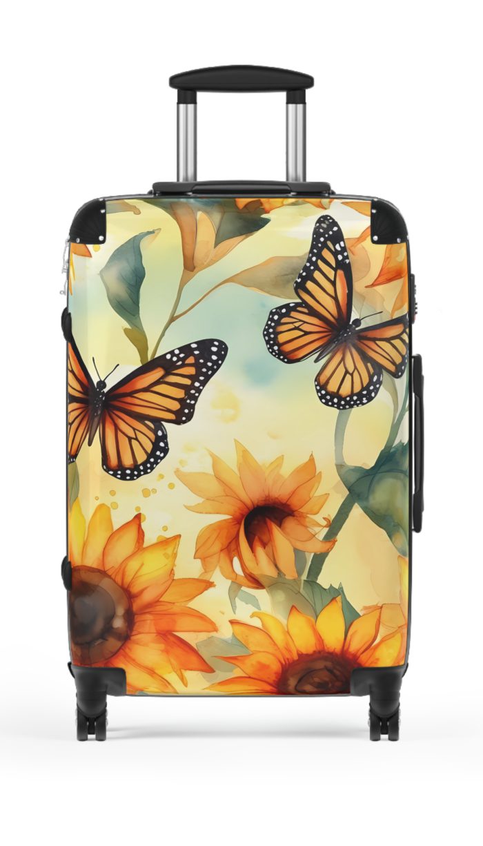 Butterfly Sunflower Suitcase - A luggage adorned with a bright sunflower and butterfly design, perfect for travelers who want to bring a touch of nature and cheer to their journeys.