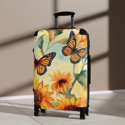 Butterfly Sunflower Suitcase - A luggage adorned with a bright sunflower and butterfly design, perfect for travelers who want to bring a touch of nature and cheer to their journeys.