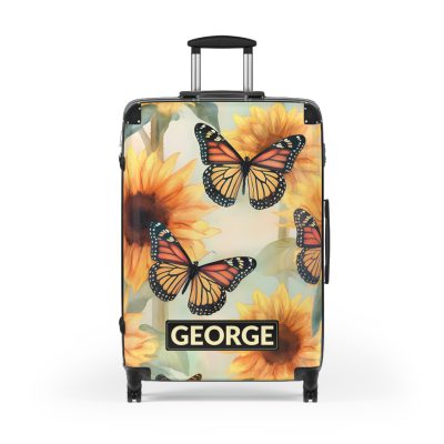 Custom Butterfly Sunflower Suitcase - A personalized luggage adorned with a unique butterfly and sunflower design, perfect for travelers who want to add a touch of nature and vibrancy to their journeys.