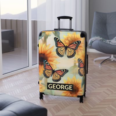 Custom Butterfly Sunflower Suitcase - A personalized luggage adorned with a unique butterfly and sunflower design, perfect for travelers who want to add a touch of nature and vibrancy to their journeys.