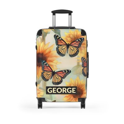 Custom Butterfly Sunflower Suitcase - A personalized luggage adorned with a unique butterfly and sunflower design, perfect for travelers who want to add a touch of nature and vibrancy to their journeys.