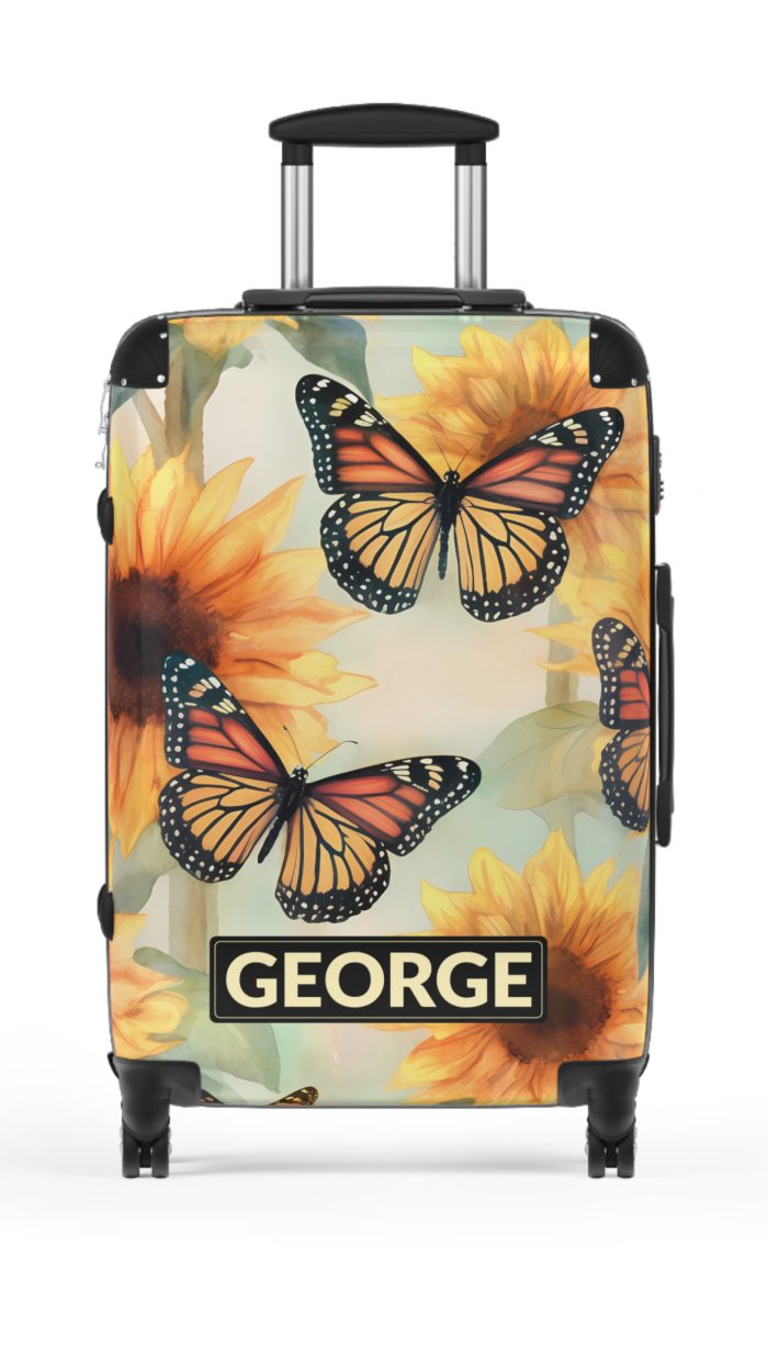 Custom Butterfly Sunflower Suitcase - A personalized luggage adorned with a unique butterfly and sunflower design, perfect for travelers who want to add a touch of nature and vibrancy to their journeys.