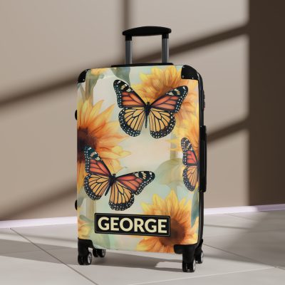 Custom Butterfly Sunflower Suitcase - A personalized luggage adorned with a unique butterfly and sunflower design, perfect for travelers who want to add a touch of nature and vibrancy to their journeys.