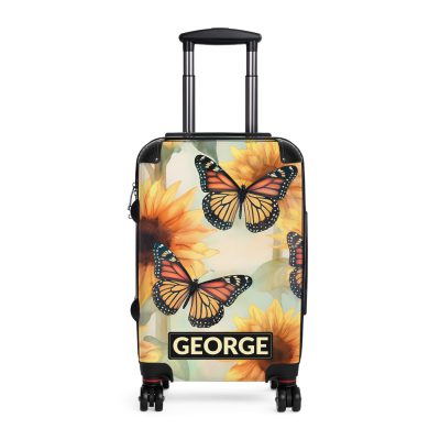 Custom Butterfly Sunflower Suitcase - A personalized luggage adorned with a unique butterfly and sunflower design, perfect for travelers who want to add a touch of nature and vibrancy to their journeys.