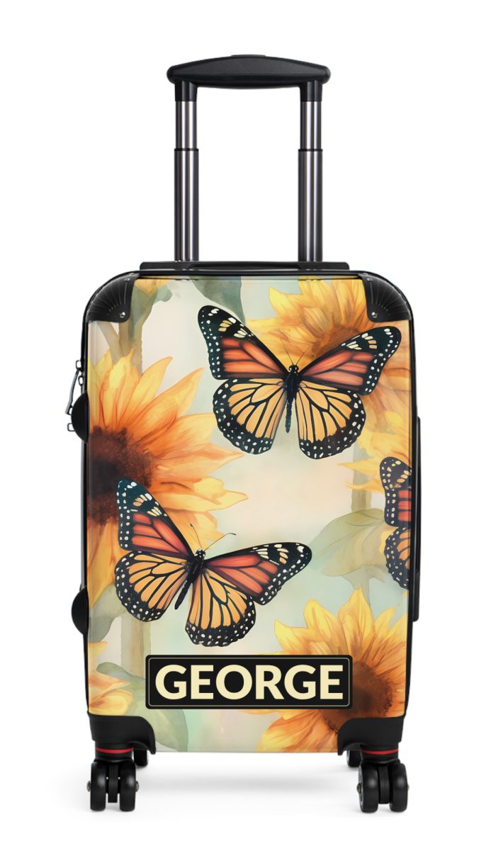 Custom Butterfly Sunflower Suitcase - A personalized luggage adorned with a unique butterfly and sunflower design, perfect for travelers who want to add a touch of nature and vibrancy to their journeys.