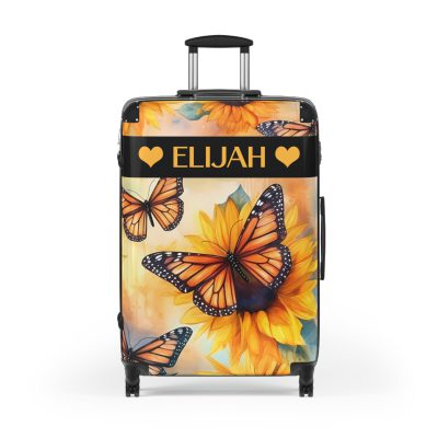 Custom Butterfly Sunflower Suitcase - A personalized luggage adorned with a unique butterfly and sunflower design, perfect for travelers who want to add a touch of nature and vibrancy to their journeys.