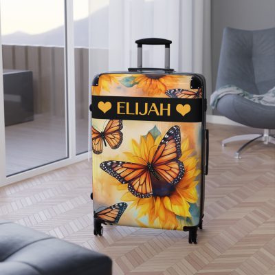 Custom Butterfly Sunflower Suitcase - A personalized luggage adorned with a unique butterfly and sunflower design, perfect for travelers who want to add a touch of nature and vibrancy to their journeys.