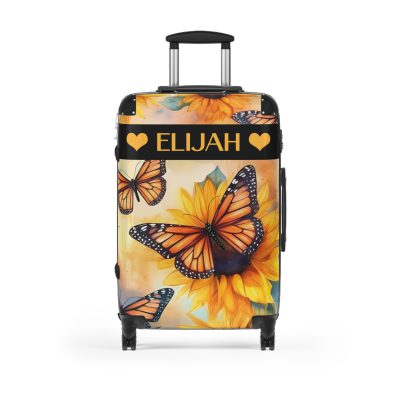 Custom Butterfly Sunflower Suitcase - A personalized luggage adorned with a unique butterfly and sunflower design, perfect for travelers who want to add a touch of nature and vibrancy to their journeys.