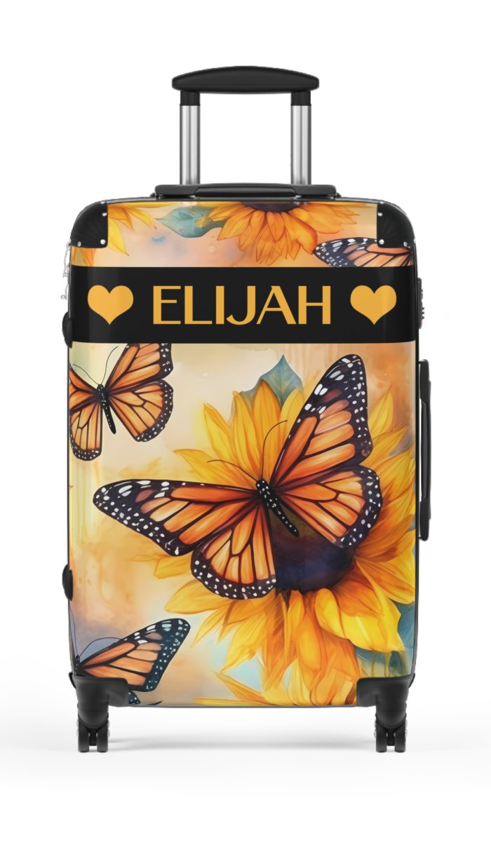 Custom Butterfly Sunflower Suitcase - A personalized luggage adorned with a unique butterfly and sunflower design, perfect for travelers who want to add a touch of nature and vibrancy to their journeys.