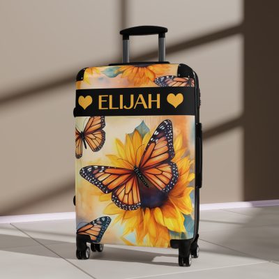 Custom Butterfly Sunflower Suitcase - A personalized luggage adorned with a unique butterfly and sunflower design, perfect for travelers who want to add a touch of nature and vibrancy to their journeys.