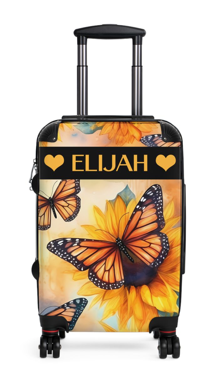 Custom Butterfly Sunflower Suitcase - A personalized luggage adorned with a unique butterfly and sunflower design, perfect for travelers who want to add a touch of nature and vibrancy to their journeys.