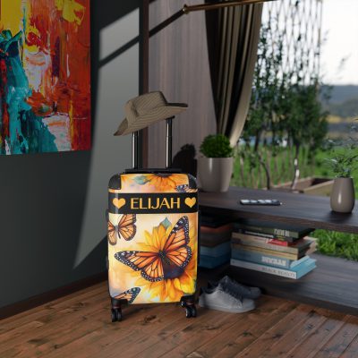 Custom Butterfly Sunflower Suitcase - A personalized luggage adorned with a unique butterfly and sunflower design, perfect for travelers who want to add a touch of nature and vibrancy to their journeys.