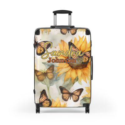 Custom Butterfly Sunflower Suitcase - A personalized luggage adorned with a unique butterfly and sunflower design, perfect for travelers who want to add a touch of nature and vibrancy to their journeys.