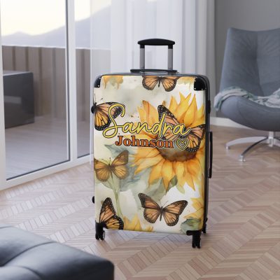 Custom Butterfly Sunflower Suitcase - A personalized luggage adorned with a unique butterfly and sunflower design, perfect for travelers who want to add a touch of nature and vibrancy to their journeys.