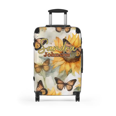 Custom Butterfly Sunflower Suitcase - A personalized luggage adorned with a unique butterfly and sunflower design, perfect for travelers who want to add a touch of nature and vibrancy to their journeys.