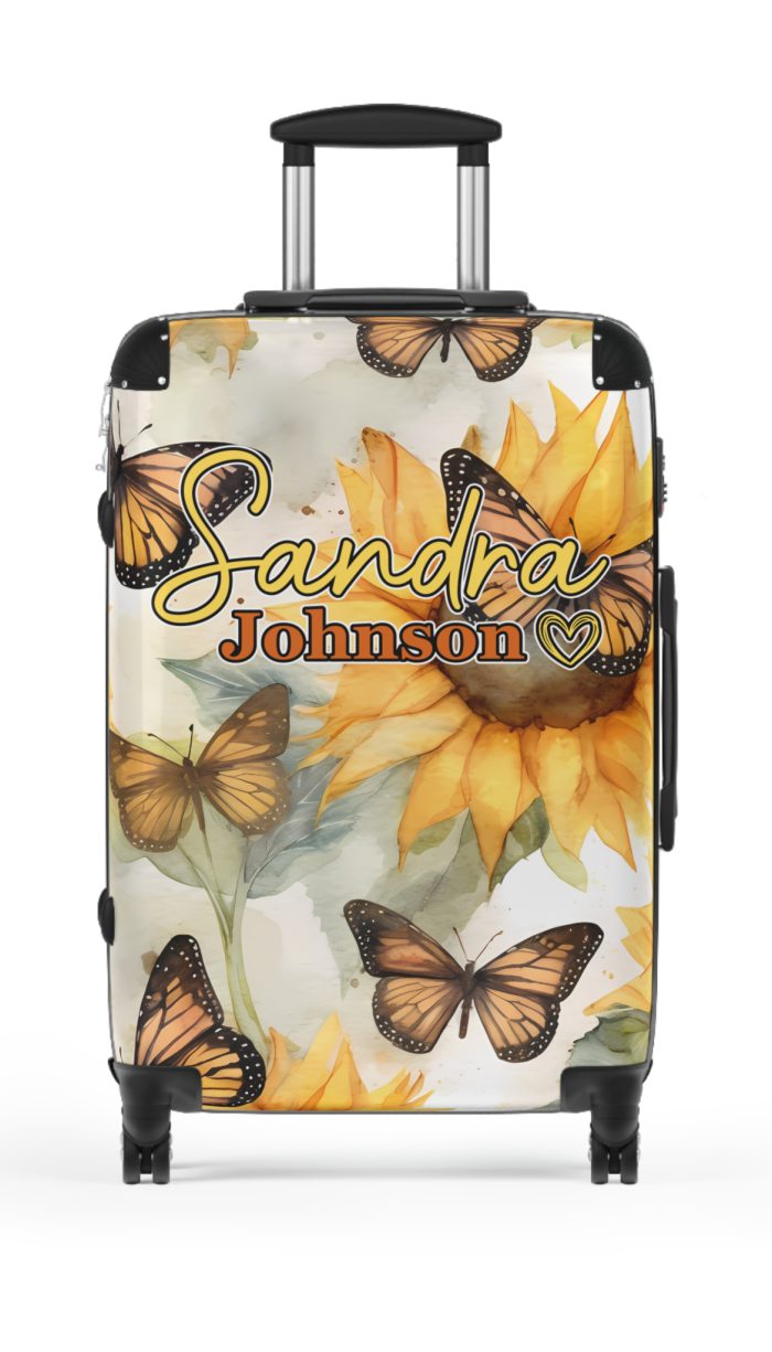 Custom Butterfly Sunflower Suitcase - A personalized luggage adorned with a unique butterfly and sunflower design, perfect for travelers who want to add a touch of nature and vibrancy to their journeys.