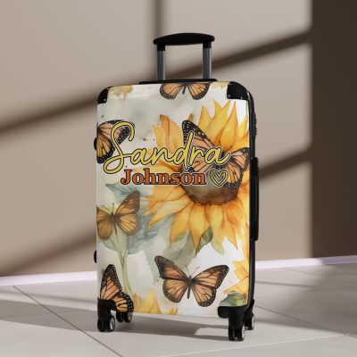 Custom Butterfly Sunflower Suitcase - A personalized luggage adorned with a unique butterfly and sunflower design, perfect for travelers who want to add a touch of nature and vibrancy to their journeys.