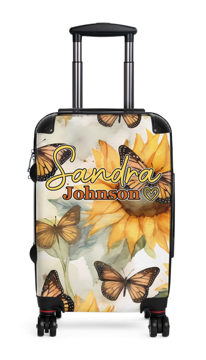 Custom Butterfly Sunflower Suitcase - A personalized luggage adorned with a unique butterfly and sunflower design, perfect for travelers who want to add a touch of nature and vibrancy to their journeys.