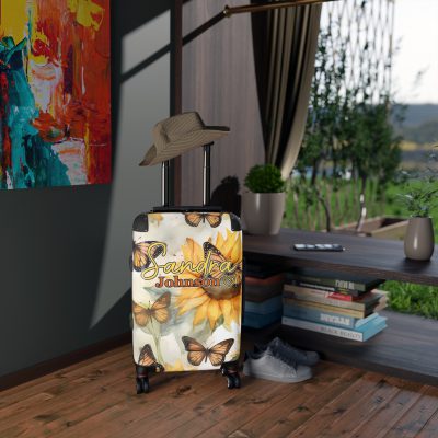 Custom Butterfly Sunflower Suitcase - A personalized luggage adorned with a unique butterfly and sunflower design, perfect for travelers who want to add a touch of nature and vibrancy to their journeys.