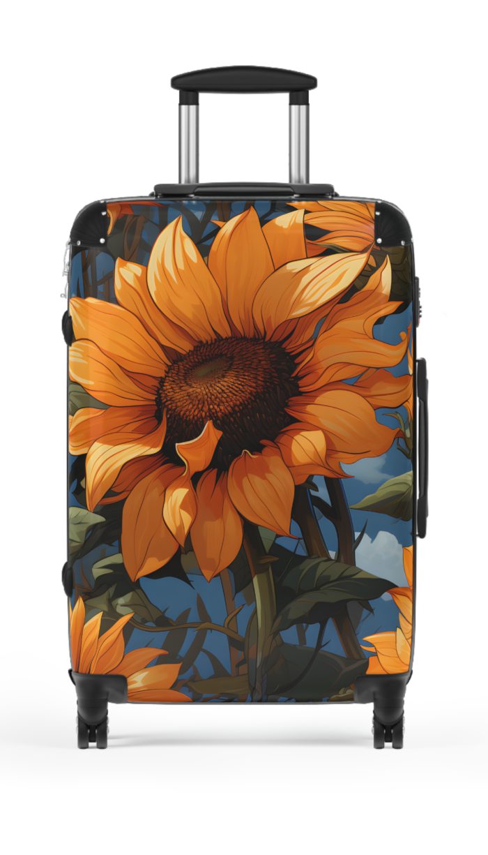 Sunflower Suitcase - A luggage adorned with a bright sunflower design, perfect for travelers who want to bring a touch of cheer and floral beauty to their journeys.Sunflower Suitcase - A luggage adorned with a bright sunflower design, perfect for travelers who want to bring a touch of cheer and floral beauty to their journeys.