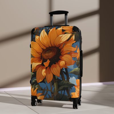 Sunflower Suitcase - A luggage adorned with a bright sunflower design, perfect for travelers who want to bring a touch of cheer and floral beauty to their journeys.Sunflower Suitcase - A luggage adorned with a bright sunflower design, perfect for travelers who want to bring a touch of cheer and floral beauty to their journeys.