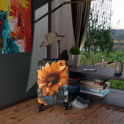 Sunflower Suitcase - A luggage adorned with a bright sunflower design, perfect for travelers who want to bring a touch of cheer and floral beauty to their journeys.Sunflower Suitcase - A luggage adorned with a bright sunflower design, perfect for travelers who want to bring a touch of cheer and floral beauty to their journeys.