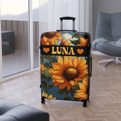 Custom Sunflower Suitcase - A personalized luggage adorned with a bright sunflower design, perfect for travelers who want to bring a touch of cheer and floral beauty to their journeys.