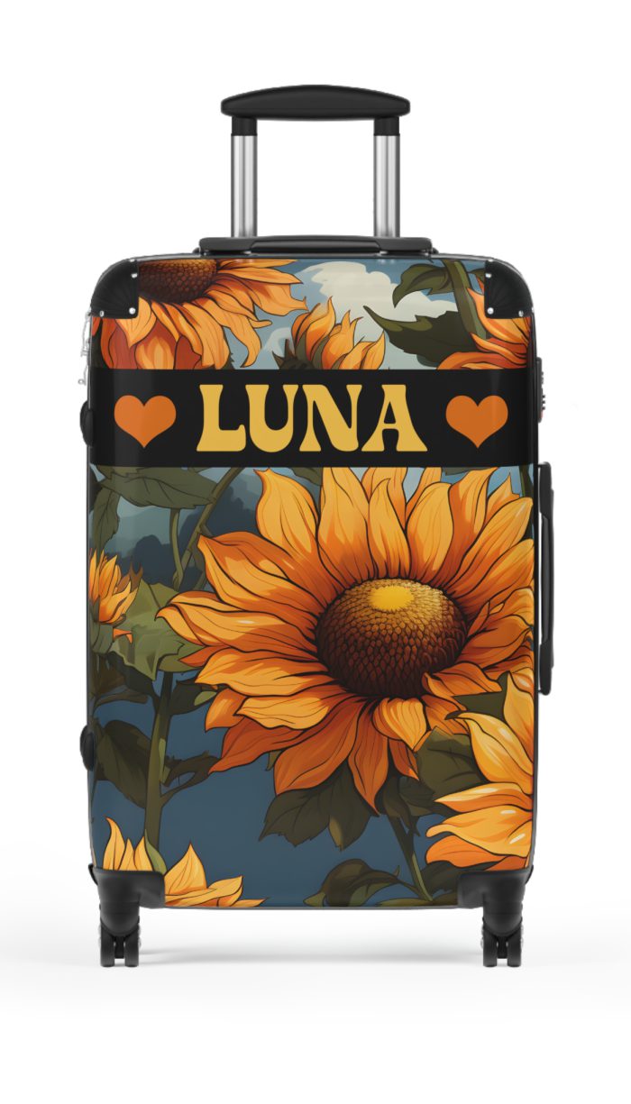 Custom Sunflower Suitcase - A personalized luggage adorned with a bright sunflower design, perfect for travelers who want to bring a touch of cheer and floral beauty to their journeys.