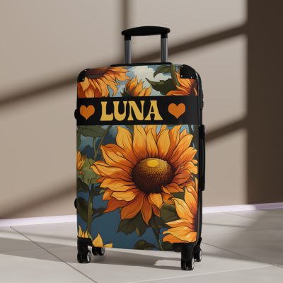 Custom Sunflower Suitcase - A personalized luggage adorned with a bright sunflower design, perfect for travelers who want to bring a touch of cheer and floral beauty to their journeys.