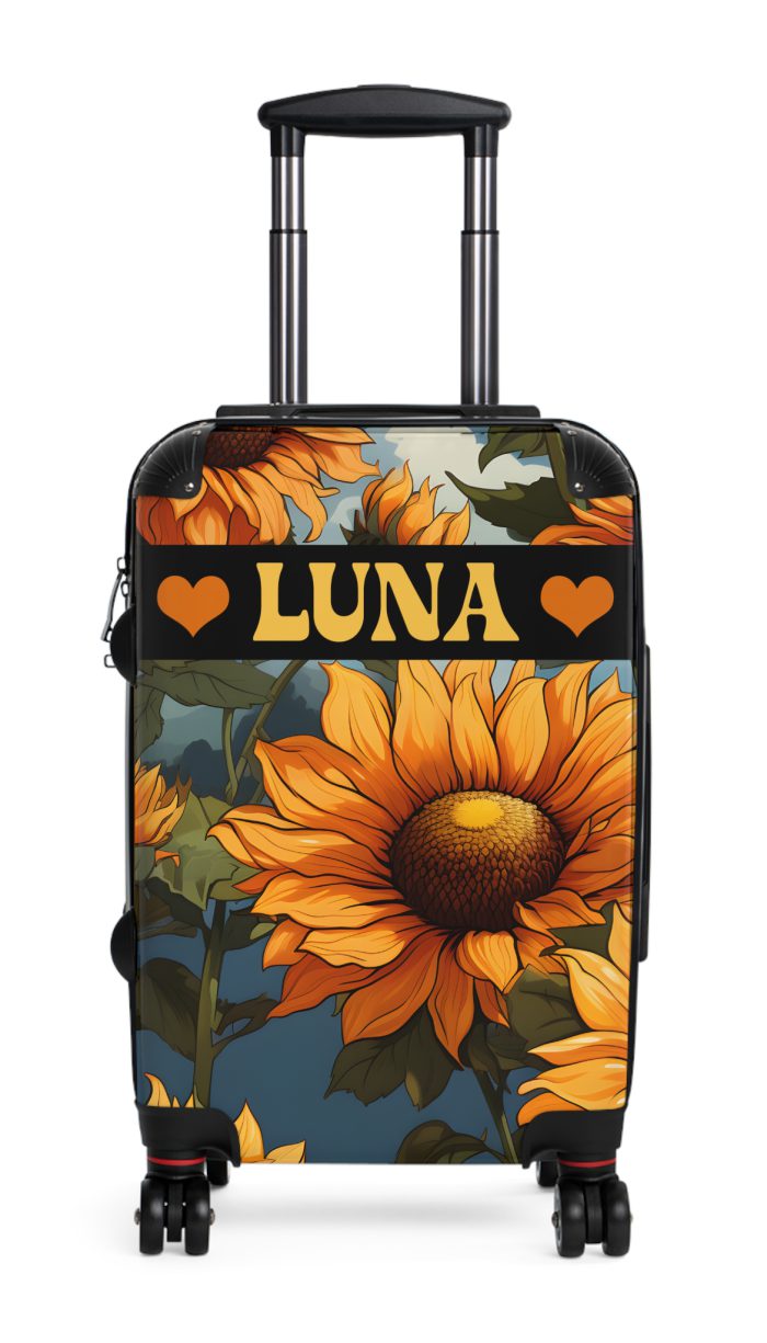 Custom Sunflower Suitcase - A personalized luggage adorned with a bright sunflower design, perfect for travelers who want to bring a touch of cheer and floral beauty to their journeys.